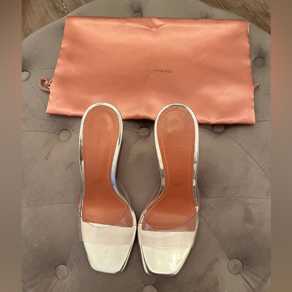 AMINA MUADDI Lupita Glass Clear PVC Wedge Mules